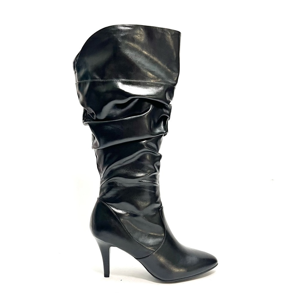 Vintage Y2K deadstock black faux leather knee high wide calf heeled slouch boots